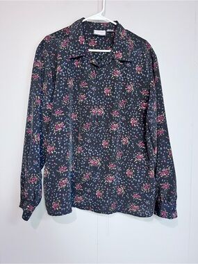 Carol Reed Collections Floral Blouse Button Front Navy XL
